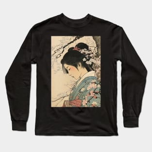 Ukiyo-e Japanese Art - Beautiful Woman Meditating Under a Cherry Blossom Tree Long Sleeve T-Shirt